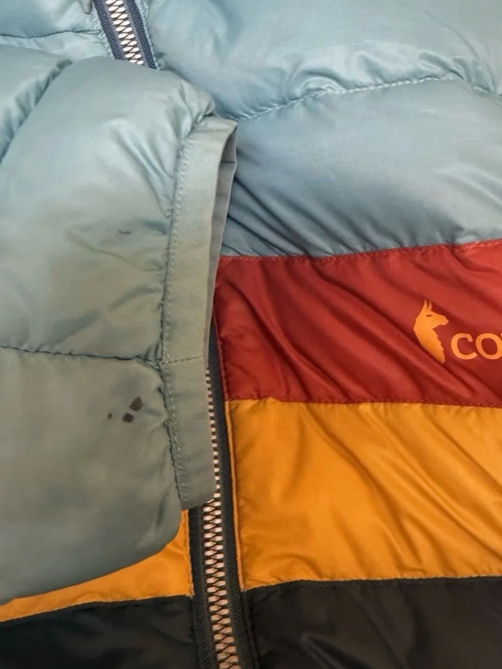 Cotopaxi Fuego Hooded Down Jacket Men’s XL Blue Teal Colorblock Puffer